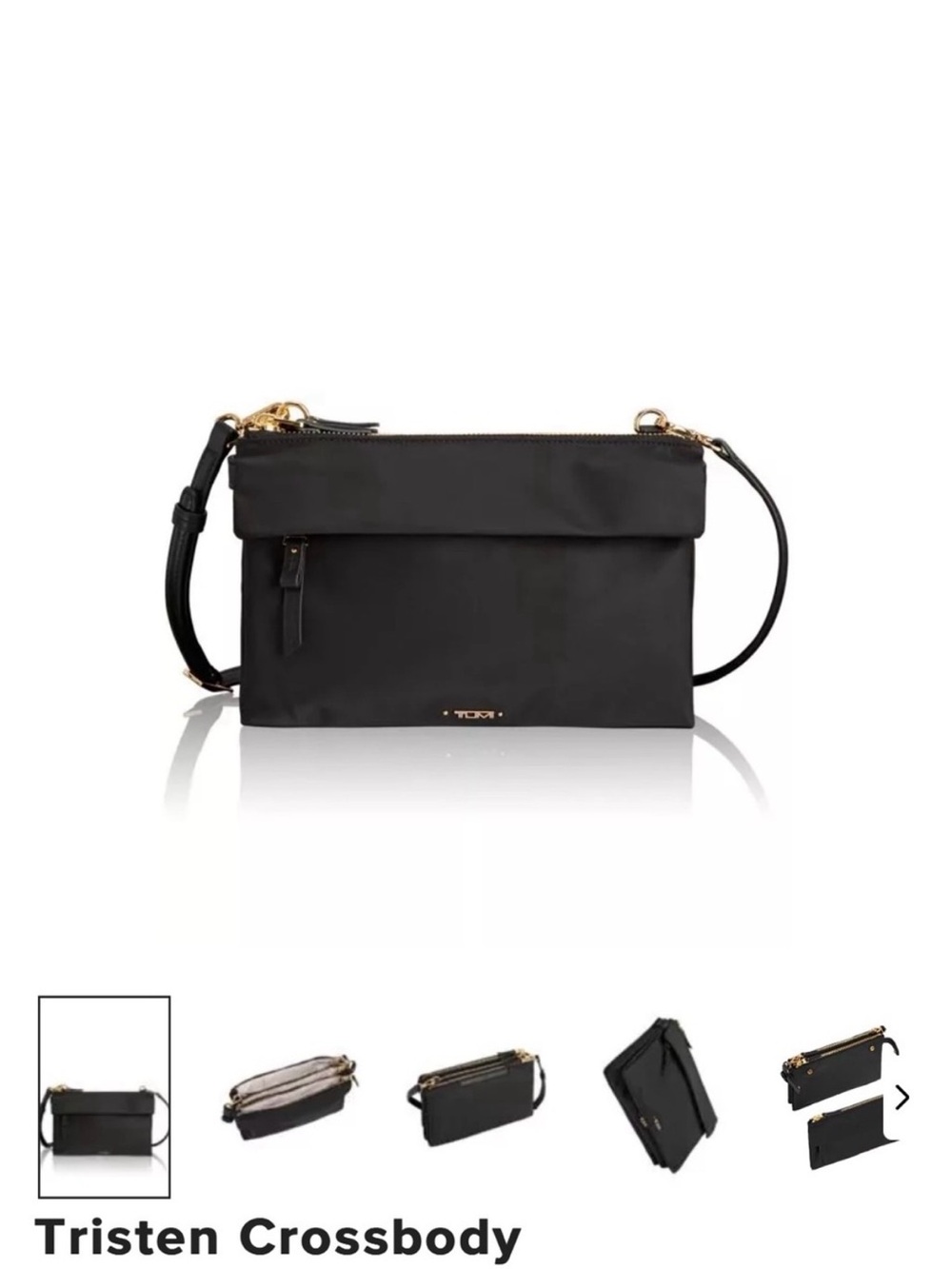 Tumi black Tristen voyager travel pouch crossbody adjustable gold zip purse bag - Picture 3 of 9